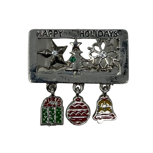 Vintage Happy Holidays Brooch Enamel and Silver Tone Christmas Tree Gift Pin - Picture 1 of 8
